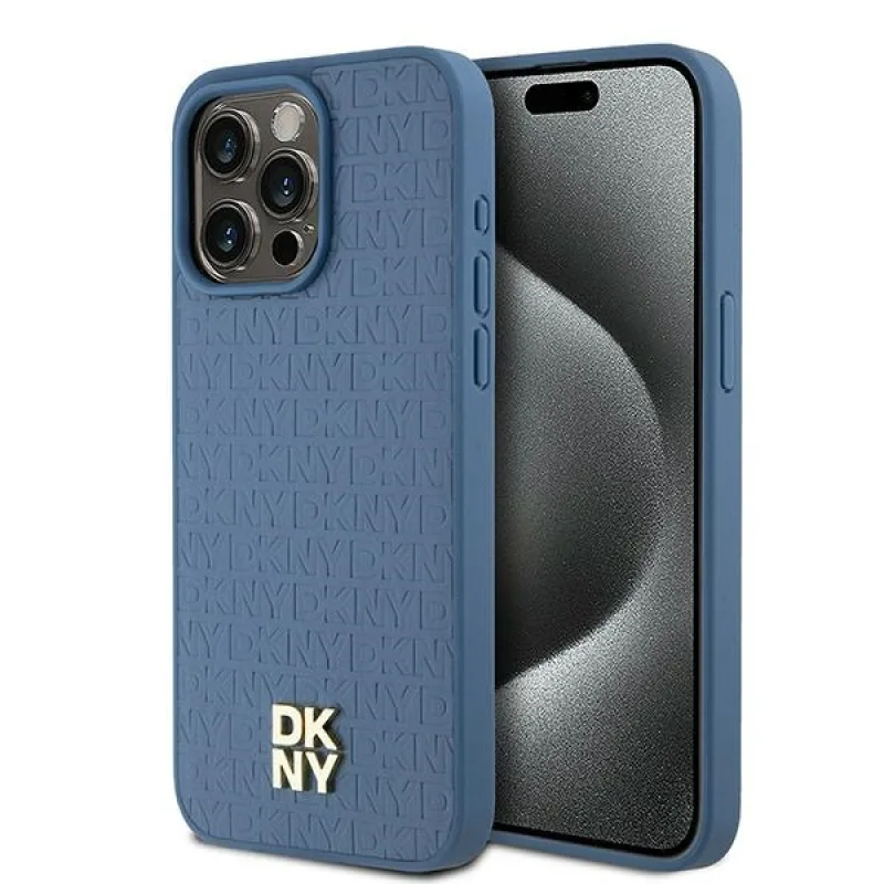 Kožený vzor DKNY s monogramom Kovové logo MagSafe Case pre iPhone 15 Pro Max – modrý