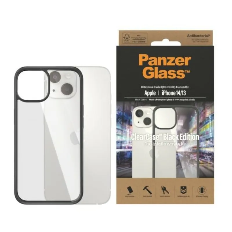 Antibakteriálne puzdro PanzerGlass ClearCase pre iPhone 14 / 15 / 13 - priehľadné a čierne