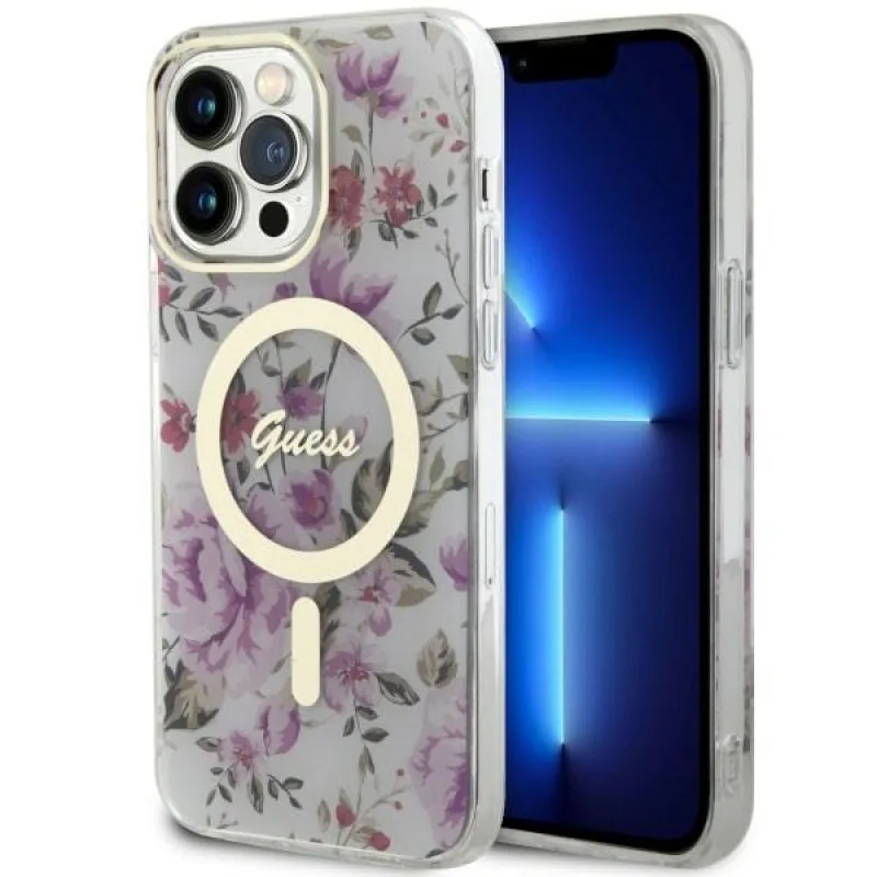 Guess GUHMP14LHCFWST iPhone 14 Pro 6,1" priehľadné pevné puzdro Flower MagSafe