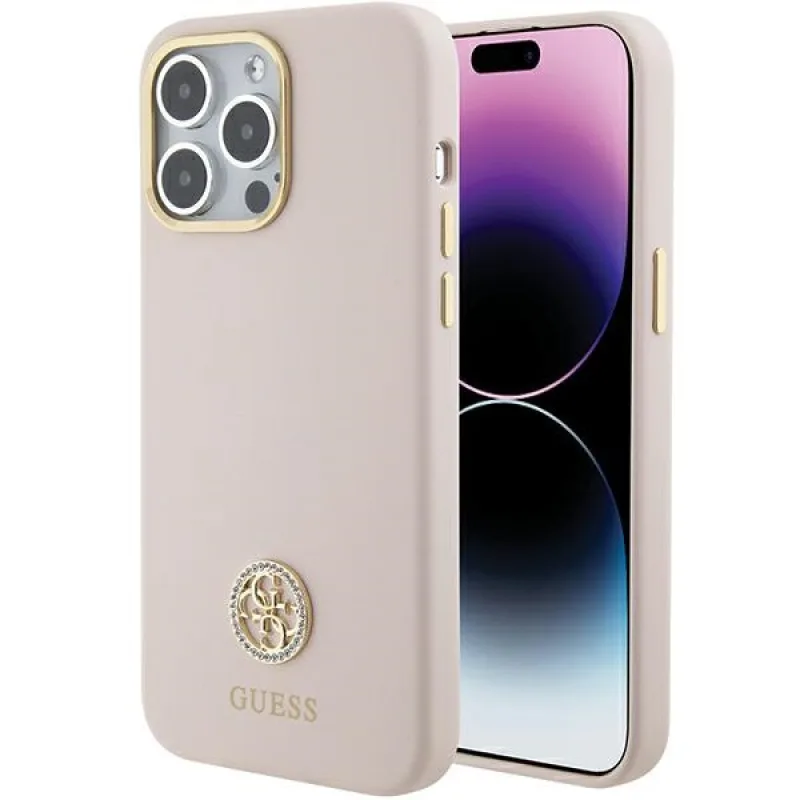 Guess Silicone Logo Strass 4G puzdro pre iPhone 15 Pro Max – ružové