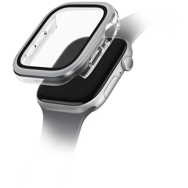 Puzdro z tvrdeného skla Uniq Voute pre Apple Watch 10 42 mm – strieborné