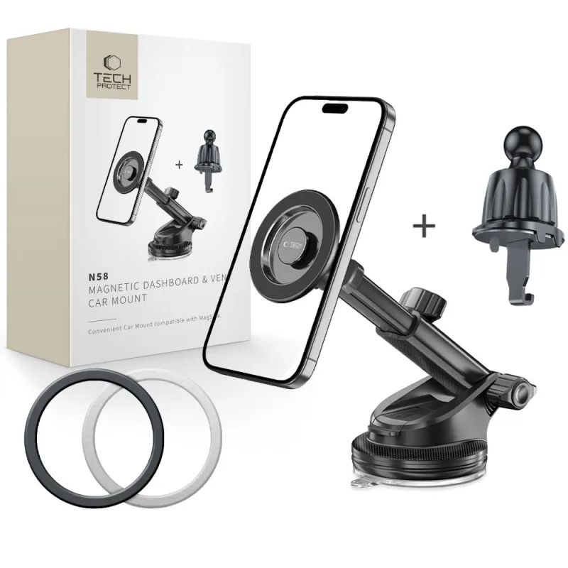Magnetický držiak do auta MagSafe Tech-Protect N58 pre kokpit, čelné sklo alebo držiak vetracieho otvoru – čierny