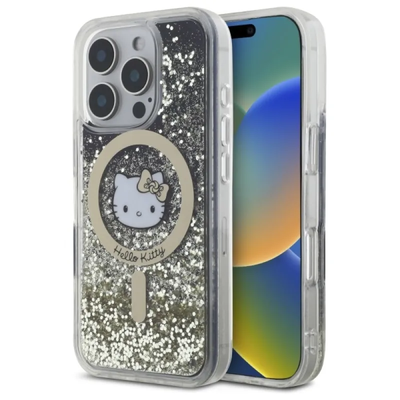 Puzdro Hello Kitty Liquid Glitter Fever MagSafe na iPhone 16 Pro – zlaté