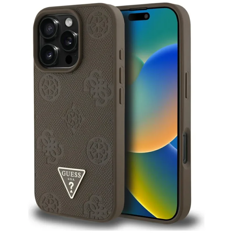Puzdro Guess Grained Hot Stamp Pivonka s logom MagSafe iPhone 16 Pro – hnedé
