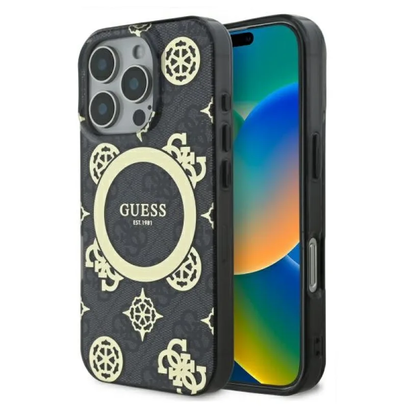 Puzdro Guess IML Peony On 4G Background MagSafe pre iPhone 16 Pro - čierne