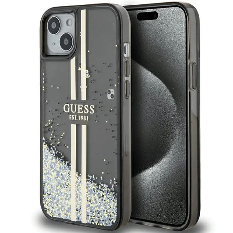 Puzdro Guess Liquid Glitter Gold Stripes pre iPhone 15 Plus / 14 Plus - čierne
