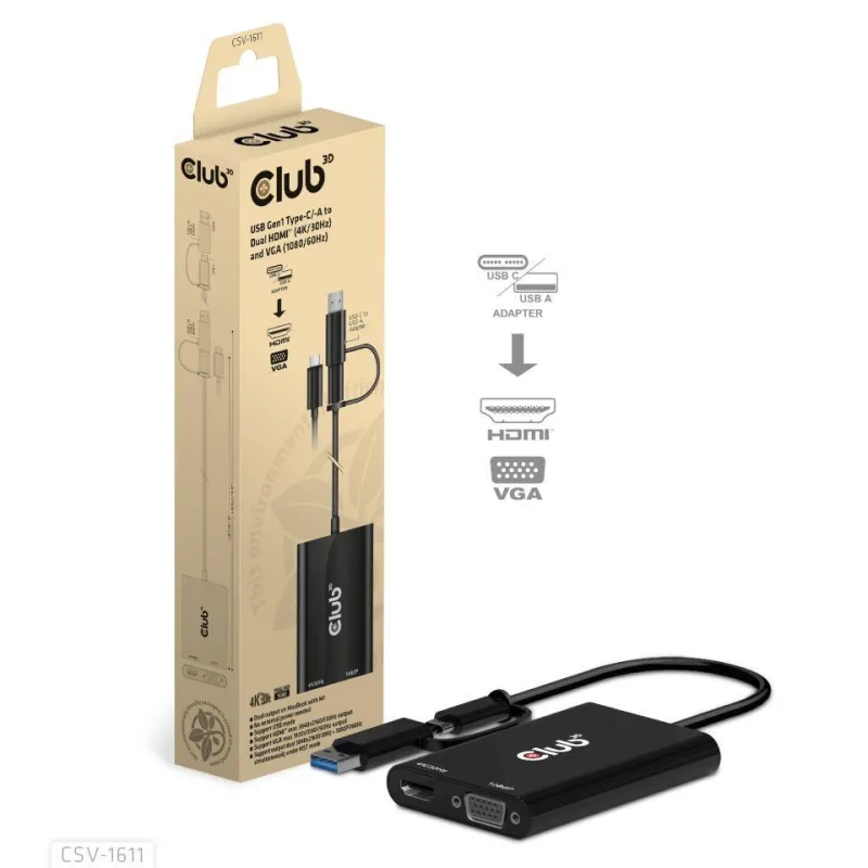 Club3D adaptér USB Gen1 Type-C/ -A na duálny HDMI (4K/ 30Hz) / VGA…