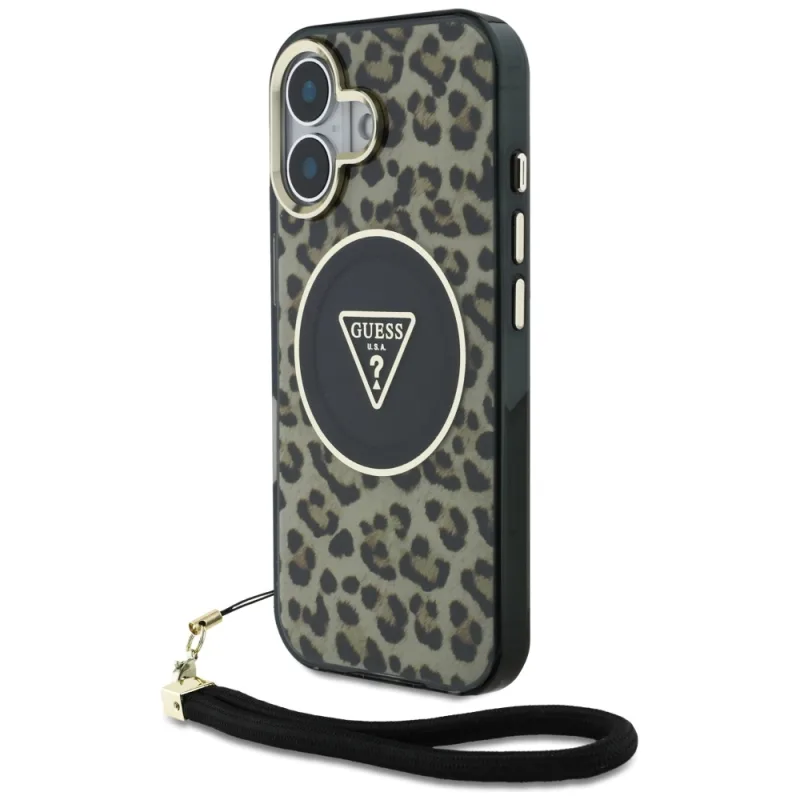 Guess HC IML Leopard Trojuholníkový remienok na šnúrku MagSafe iPhone 16 – hnedý