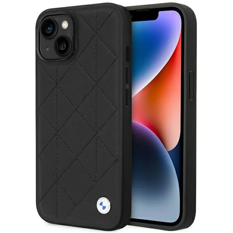Puzdro BMW BMHCP14S22RQDK iPhone 14 6,1" čierne/čierne kožené prešívané