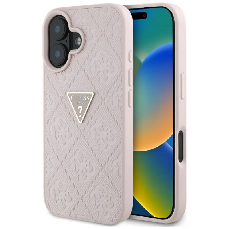 Guess Hot Stamp 4G Pattern Triangle Metal Logo Puzdro na iPhone 16 – ružové