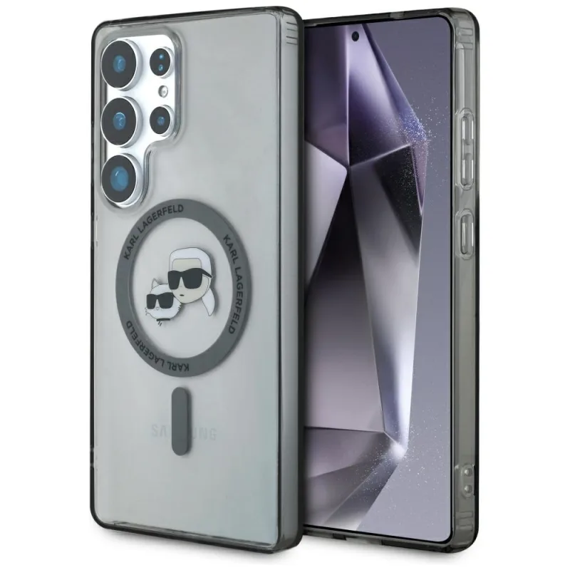 Karl Lagerfeld tlačidlo Karl & Choupette hlavy Tlačené logo MagSafe Samsung Galaxy S25 Ultra čierne puzdro