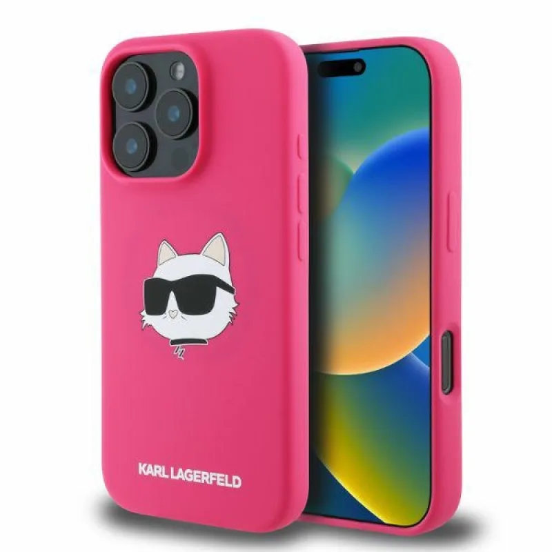 Karl Lagerfeld Silikónová Choupette Head Print Puzdro MagSafe iPhone 16 Pro Max – Fuchsia