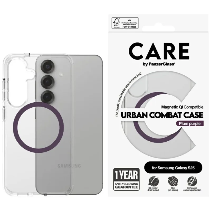 CARE by PanzerGlass Flagship Urban Combat Purple QI puzdro pre Samsung Galaxy S25 – priehľadné