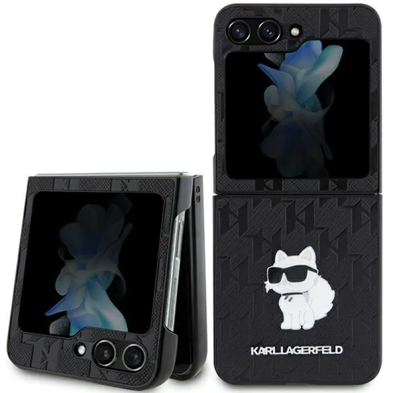 Puzdro Karl Lagerfeld Saffiano Monogram Choupette Pin pre Samsung Galaxy Z Flip 5 - čierne