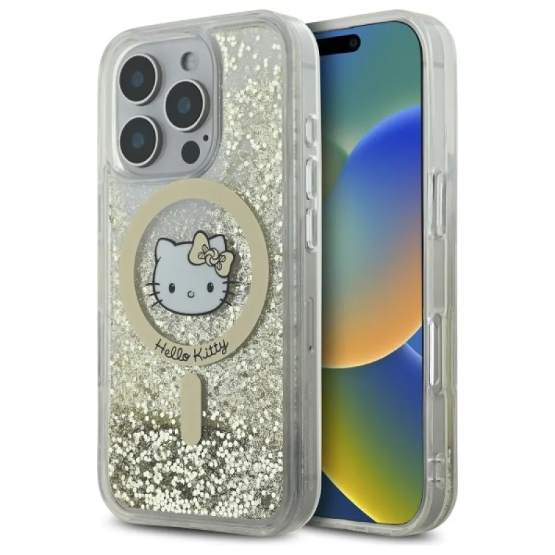 Puzdro Hello Kitty Liquid Glitter Fever MagSafe na iPhone 16 Pro – zlaté