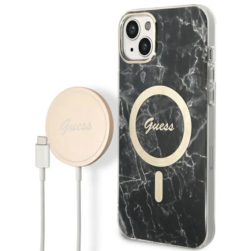 Set Guess GUBPP14SHMEACSK Case+ Charger iPhone 14 6,1" čierne/čierne pevné puzdro Marble MagSafe