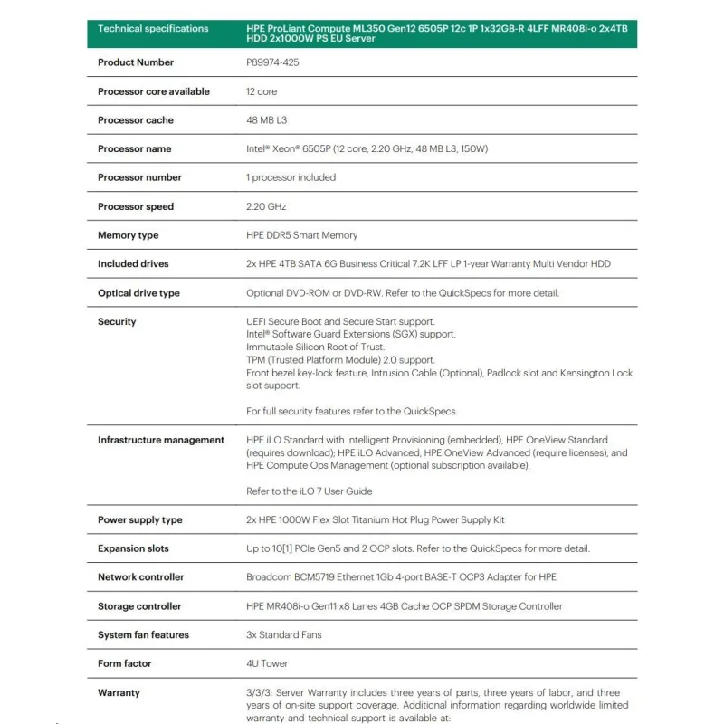 HPE PL ML350g12 6505P (2.2/ 12C) 1x32G (P69727) 2x4TB 4LFF MR408i…