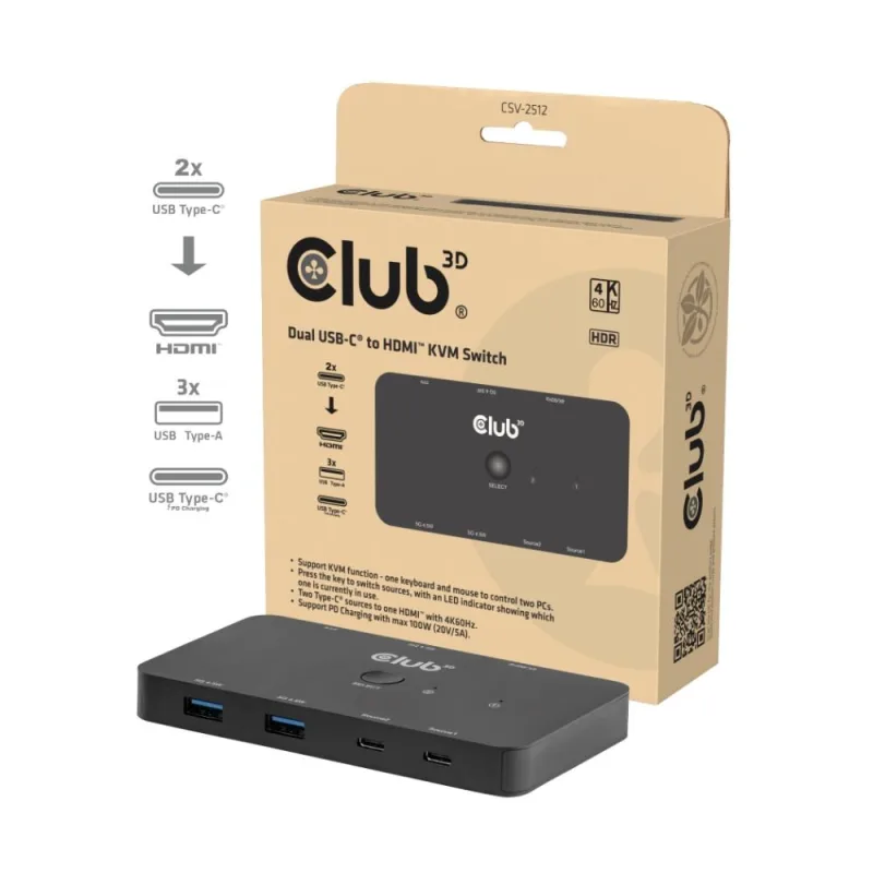 Club3D KVM Switch, 2xUSB-C na HDMI, 4K60Hz, PD 100W CSV-2512