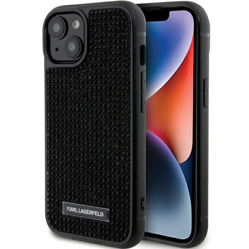 Kryt Karl Lagerfeld Rhinestone Logo Metal Plate pre iPhone 15 - čierny