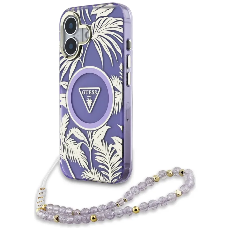 Guess Palm Trees Triangle Pearl Strap puzdro MagSafe pre iPhone 16 fialové