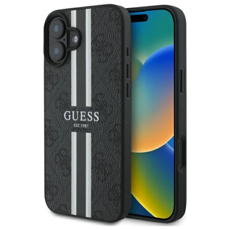 Guess 4G Printed Stripes MagSafe puzdro pre iPhone 16 - čierne