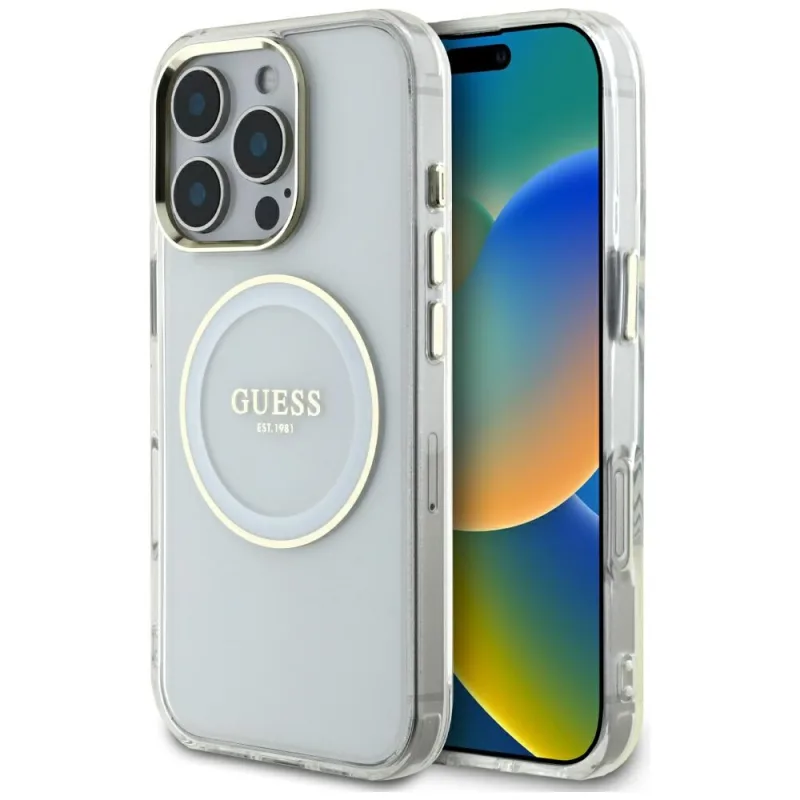 Puzdro Guess IML Metal Colored Circle Classic Logo MagSafe pre iPhone 16 Pro - biele