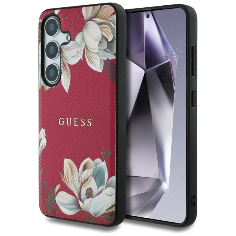 Guess Grained Printed Flower Pattern MagSafe puzdro pre Samsung Galaxy S25 fuchsiové
