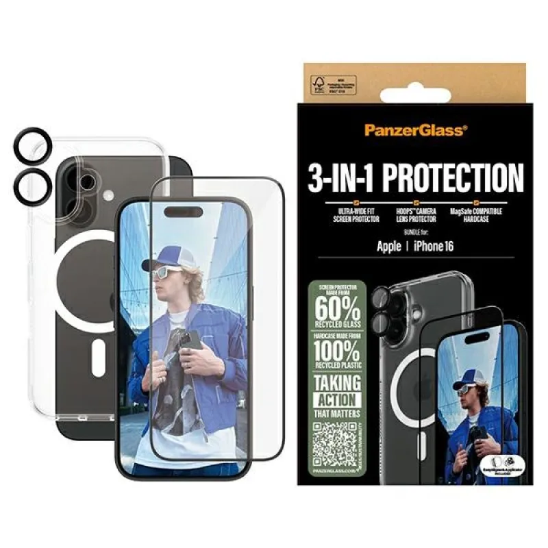 PanzerGlass Bundle 3v1 iPhone 16 6,1" D3O pevné puzdro + ochrana obrazovky UWF+ Lens B1291+2861+1283