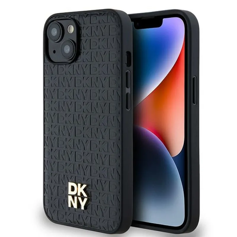 DKNY kožený monogramový vzor kovové logo MagSafe puzdro pre iPhone 15/14/13 – čierne