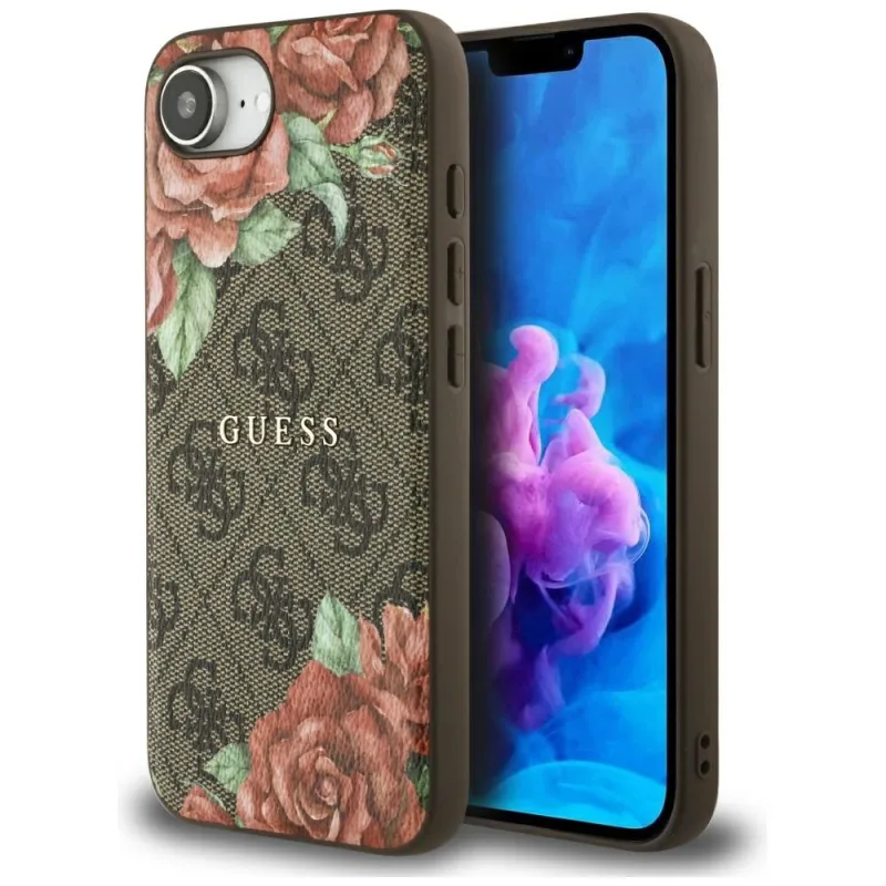 Puzdro Guess 4G Flowers Print MagSafe pre iPhone 16e - hnedé