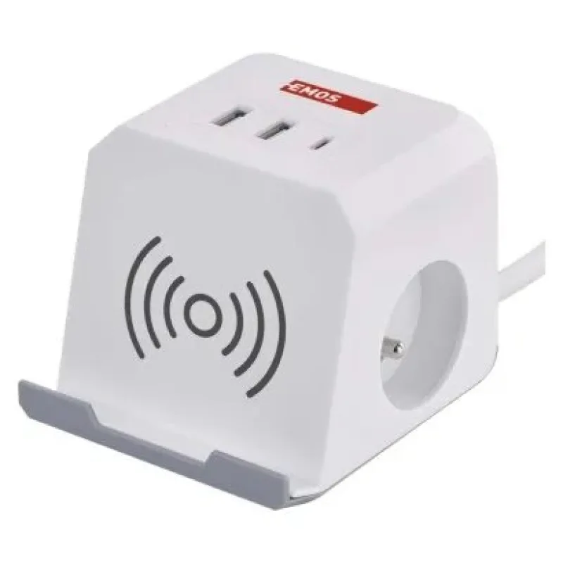 EMOS Predlžovací kábel - kocka 2 m / 2 zásuvky / biely / 2×USB-A + 1×USB…