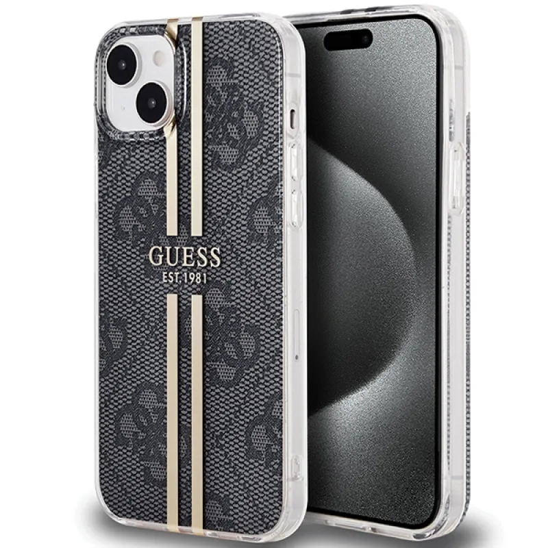 Puzdro Guess IML 4G Gold Stripe pre iPhone 15 Plus / 14 Plus - čierne