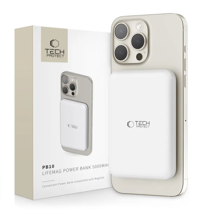 Powerbanka Tech-Protect LifeMag PB10 s portom MagSafe 5000mAh 15W USB-C – biely + kábel USB-C