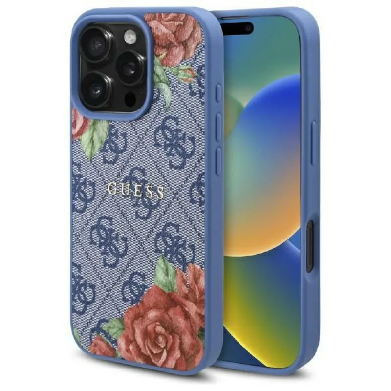 Puzdro Guess 4G Flowers Print MagSafe pre iPhone 16 Pro Max - modré