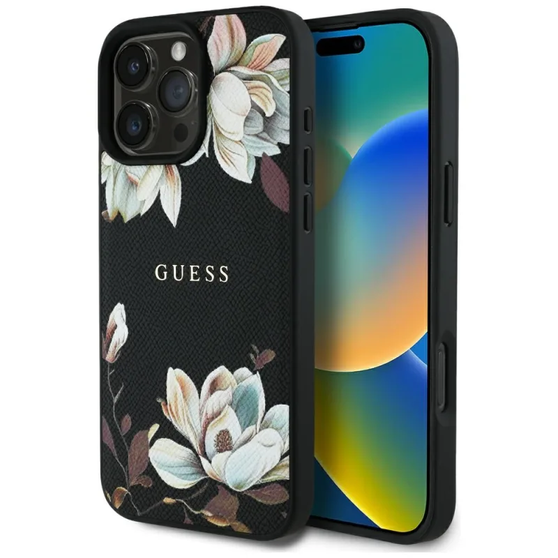 Guess Grained Printed Flower Pattern MagSafe puzdro pre iPhone 16 Pro Max čierne