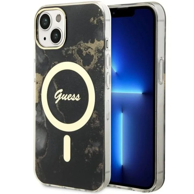 Guess GUHMP14SHTMRSK iPhone 14 6,1" čierno/čierne pevné puzdro Golden Marble MagSafe