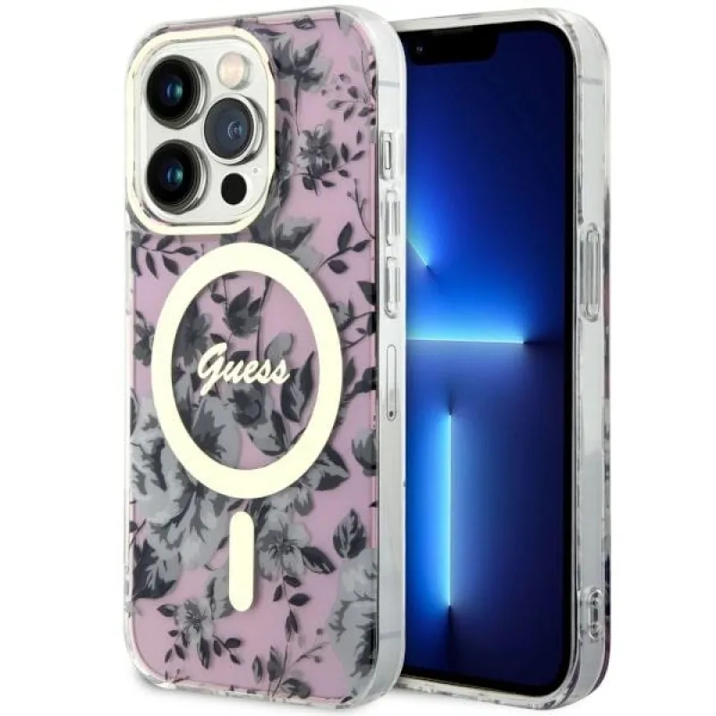 Guess GUHMP14LHCFWSP iPhone 14 Pro 6,1" ružovo-ružové pevné puzdro Flower MagSafe