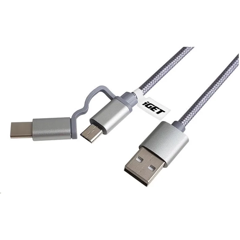 iGET G2V1 USB kábel 2v1, 1 m, strieborný, microUSB a USB-C, predĺžené…