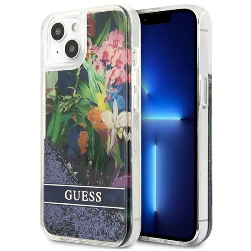 Guess GUHCP13SLFLSB iPhone 13 mini 5,4" modro/modré pevné puzdro Flower Liquid Glitter