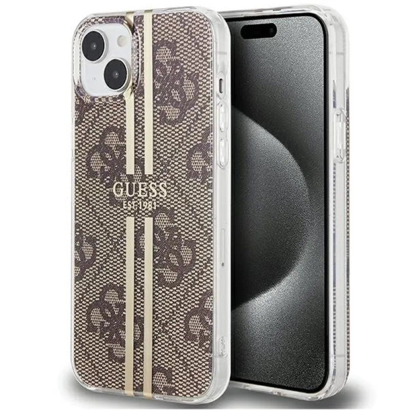 Puzdro Guess IML 4G Gold Stripe pre iPhone 15 Plus / 14 Plus - hnedé