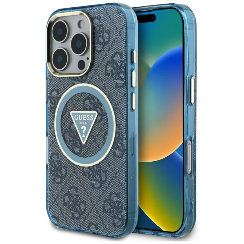Puzdro Guess IML Metal Glitter 4G Circle Triangle MagSafe Case pre iPhone 16 Pro – modré
