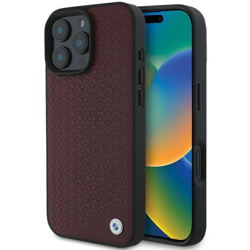BMW Sign Leather Diamond Metal Logo MagSafe Case pre iPhone 16 Pro Max – červený