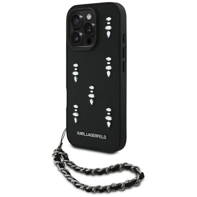 Kryštály Karl Lagerfeld Saffiano Crystals s retiazkou na iPhone 16 Pro – čierne