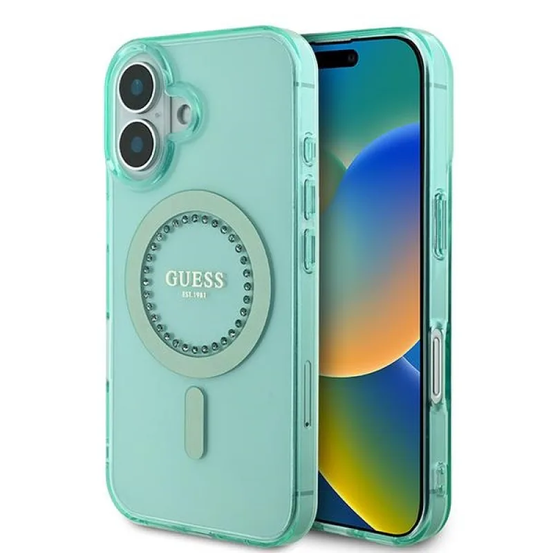Puzdro Guess IML Rhinestones MagSafe na iPhone 16 – zelené