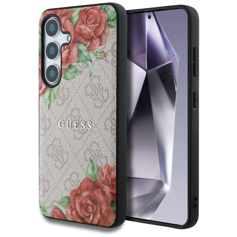 Guess Leather 4G Flowers Print Metal Classic Logo MagSafe Case pre Samsung Galaxy S25 – ružové