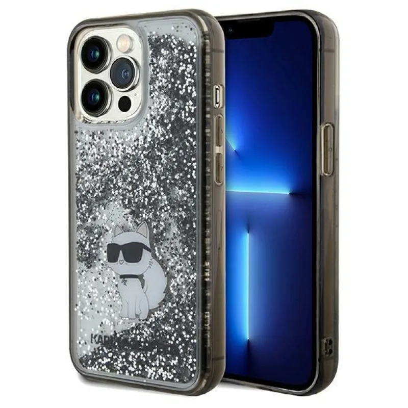 Puzdro Karl Lagerfeld Liquid Glitter Choupette pre iPhone 13 Pro / 13 - priehľadné