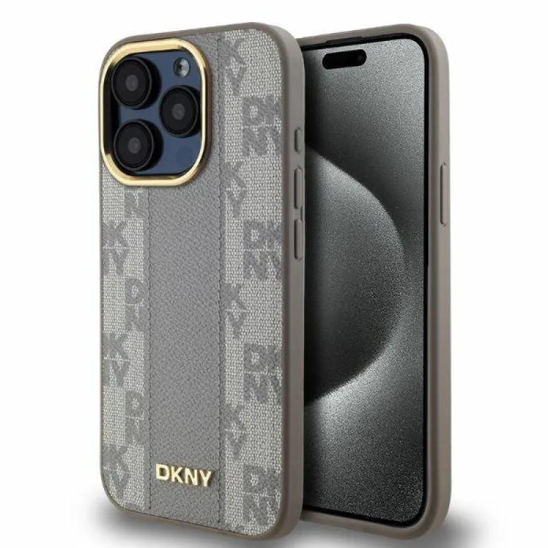 Kožené puzdro DKNY s kockovaným mono vzorom MagSafe iPhone 15 Pro Max – béžové