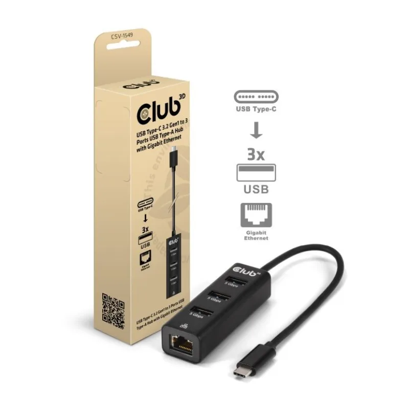 Club3D Dokovací stanice USB-C 4v1, 3xUSB, 1xRJ45, černá CSV-1549