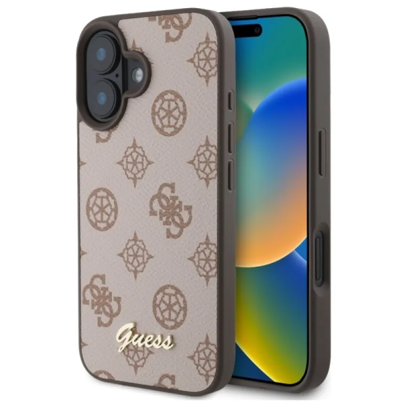 Puzdro Guess Peony Script MagSafe iPhone 16 – hnedé