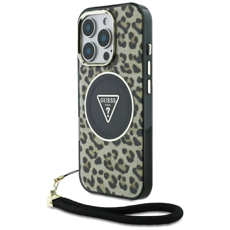 Guess HC IML Leopard Triangle Cord Strap MagSafe Case pre iPhone 16 Pro – hnedý